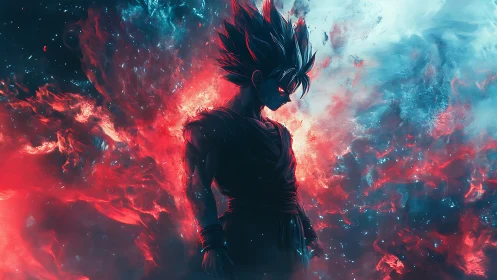 Stormlit warrior wrapped in electric red and blue fire.