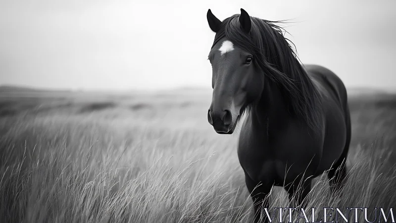 Black horse stands in windswept field, monochrome portrait.