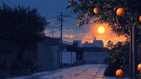 Urban street at sunset with orange tree in pixel style.