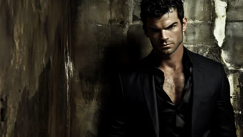 Brooding man in black suit against decayed concrete wall.