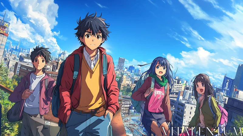 Teen friends walking on sunny rooftop above busy city.