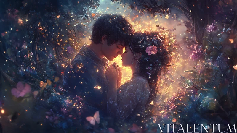 Luminous Embrace: Ethereal Romance Within Glowing Botanical Realm.