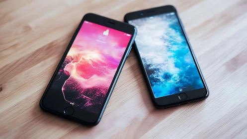 Paired smartphones glowing with bright, dreamy lock screens.