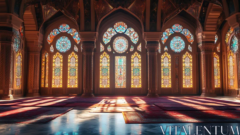 Interior hall with stained glass arches and carpets.