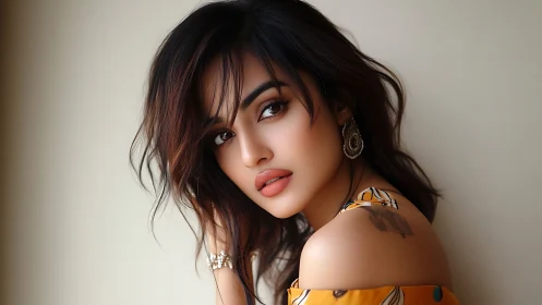 Portrait of woman with shoulder tattoo and neutral backdrop.