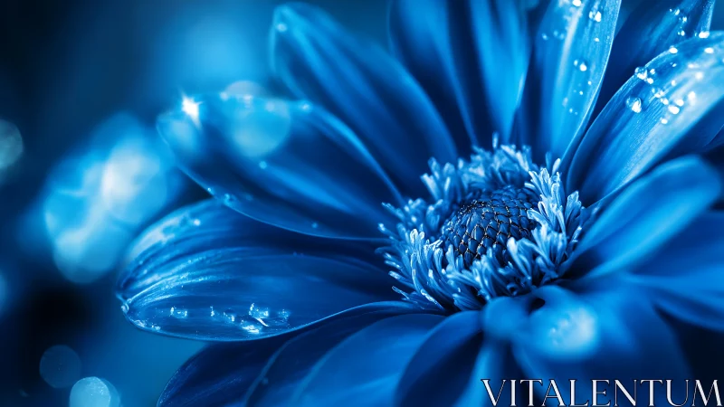 Blue Gerbera Daisy Glistening with Dewdrops and Bokeh