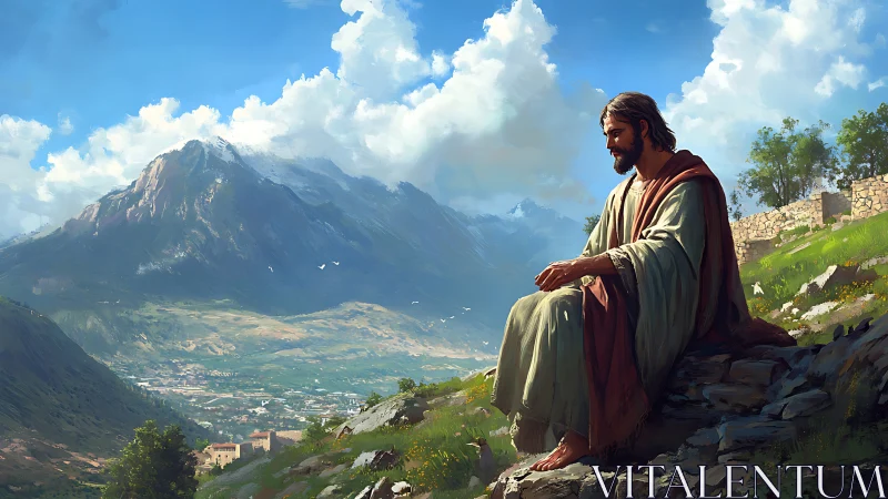 Figure in robe seated on rocky hillside before distant valley.