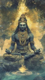 Celestial blue deity meditates within radiant cosmic aura.