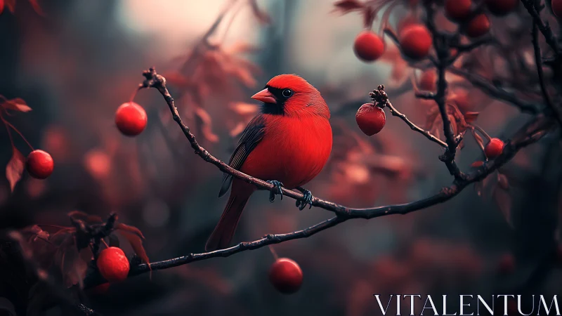 Vibrant red cardinal on berry branch in dreamy, soft-focus style.