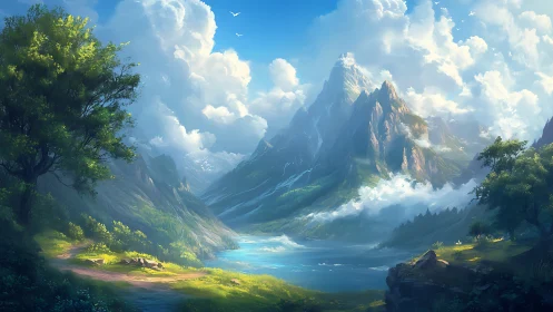 Epic alpine valley lake under towering sunlit mountain peaks