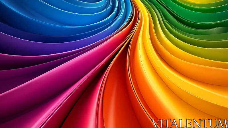 Bold rainbow ribbons sweep across a vivid abstract scene