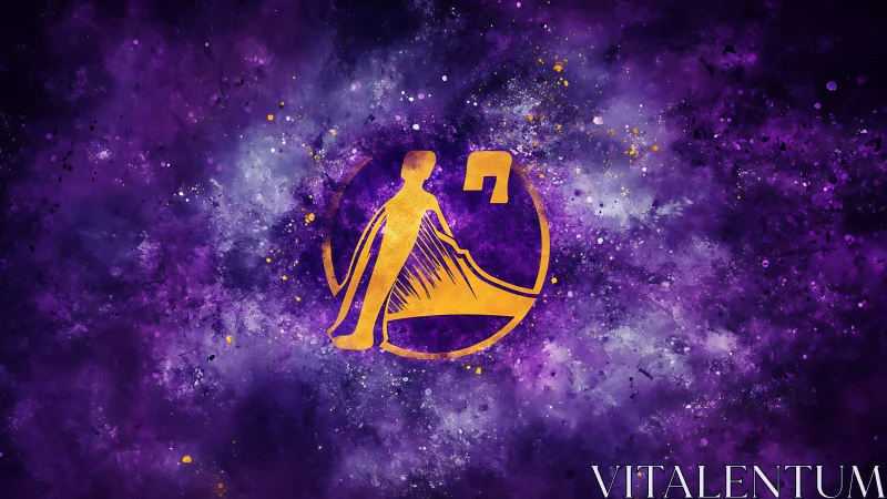 Golden abstract figure within nebula-like purple field.