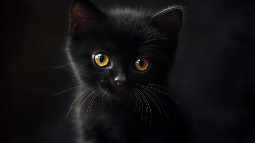 Black cat with amber eyes in dark environment.