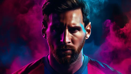 Digital portrait of male footballer with vivid smoke backdrop.