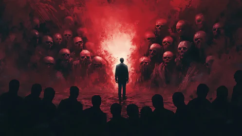 Digital painting of lone figure before spectral skull crowd.