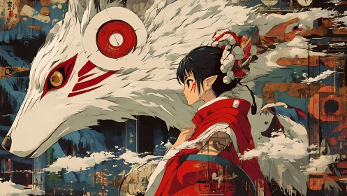 Fox spirit unfurls beside a crimson-clad guardian in flight