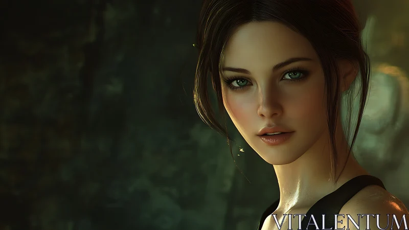 Digital portrait shows intense green-eyed woman in dim light