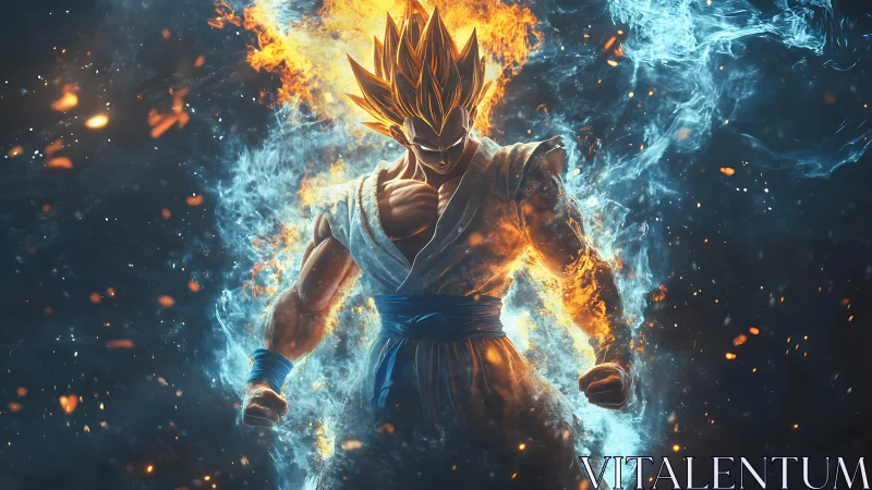 Fiery anime warrior framed by dual elemental energy streams