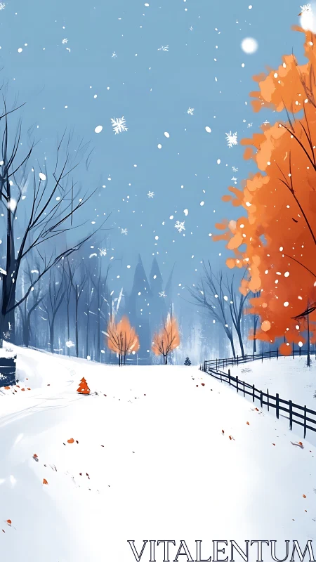 Snowy country lane with vivid orange autumn trees at dusk.