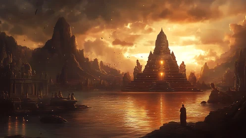 Temple pyramid with colossal deity face dominates sunset lake