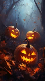 Jack o&rsquo; lantern trio glows through misty haunted forest night.