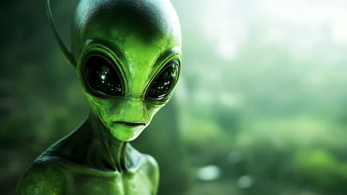 Green alien portrait with reflective eyes in soft light.