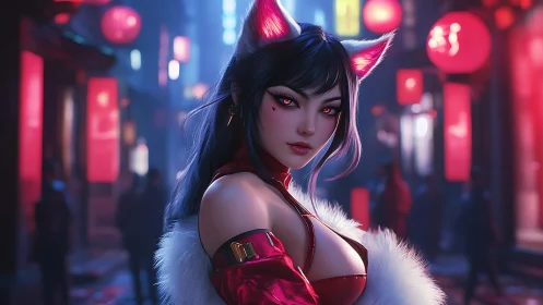 Cat-eared woman in red outfit on neon city street at night.