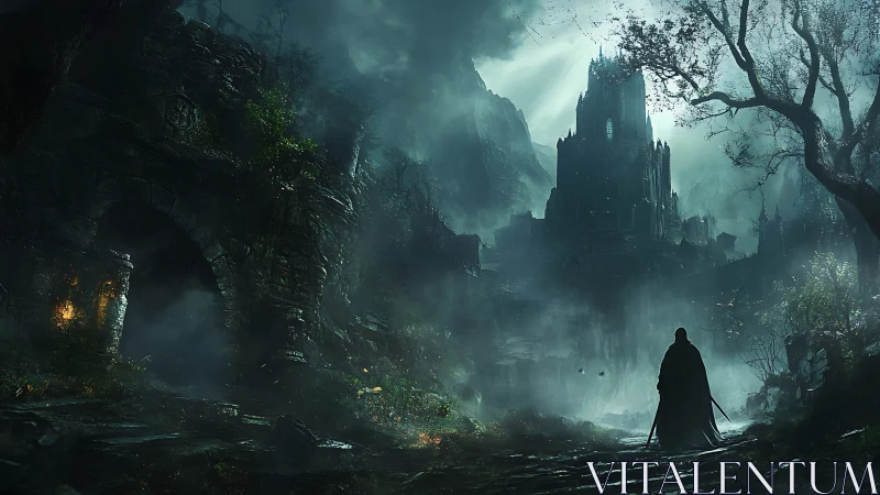 Cloaked wanderer confronts stormlit gothic fortress of ruin.