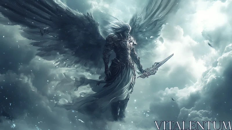 Armored celestial warrior with outstretched wings in storm-lit clouds