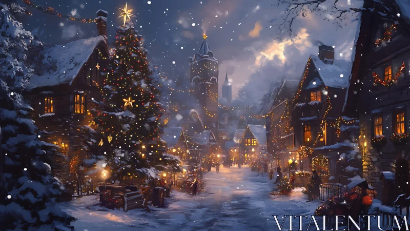 Digital painting of snowlit Christmas village street at dusk.