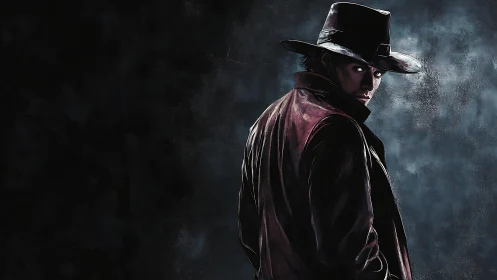 Lone cowboy in dark coat turning against textured dusk.