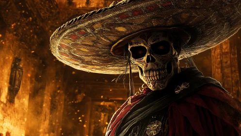 Skeleton mariachi prowls through ember-lit cathedral shadows