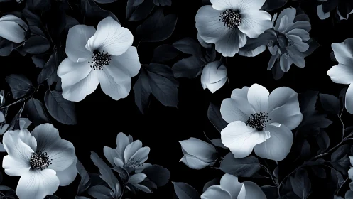 Monochrome botanical floral pattern with high contrast petals