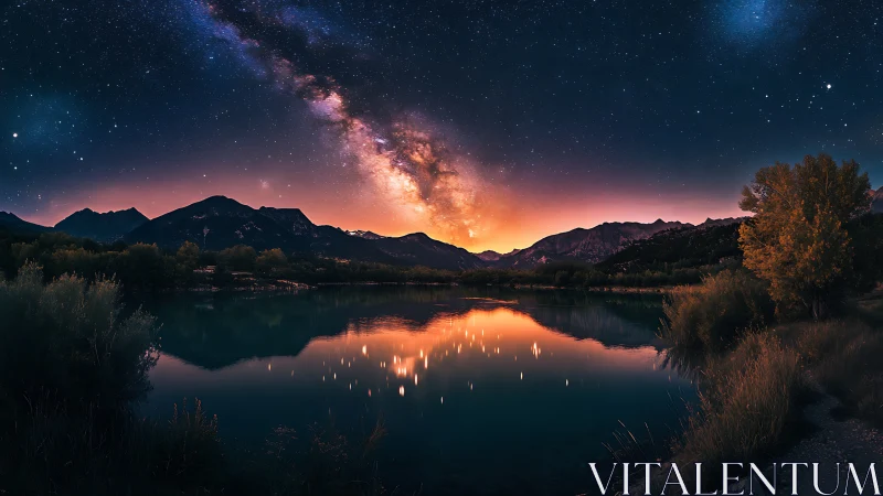 Starlit mountain lake glowing beneath a dreamy Milky Way.