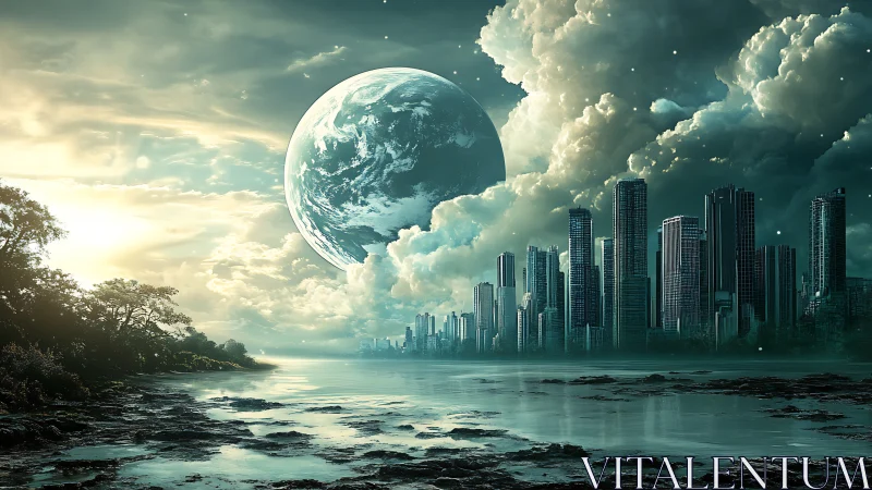 Futuristic coastal cityscape beneath enlarged planet disk.