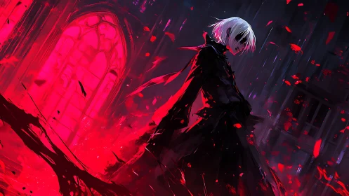 White-haired figure stands before crimson stained-glass inferno