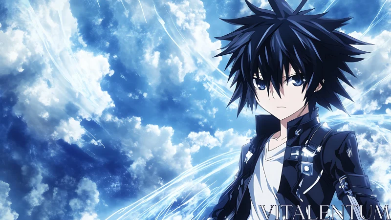Stormy haired anime hero stands strong beneath swirling skies