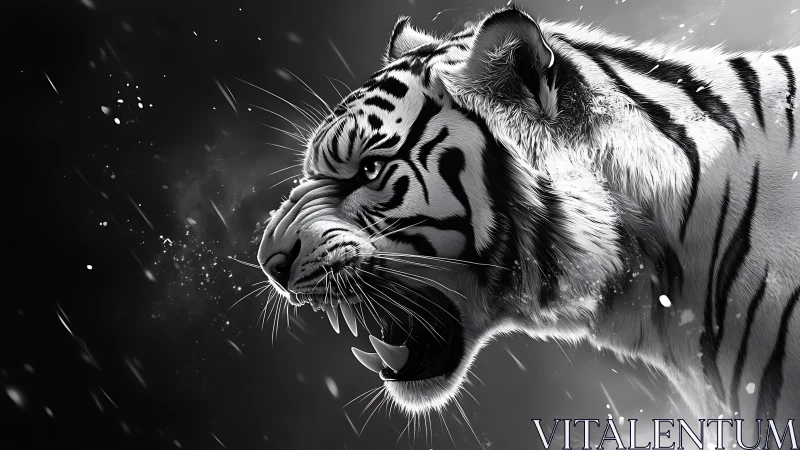 Monochrome tiger profile with bared teeth in side view.