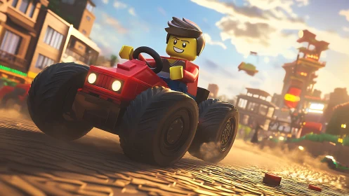 Lego-style figure drives red off-road vehicle through city