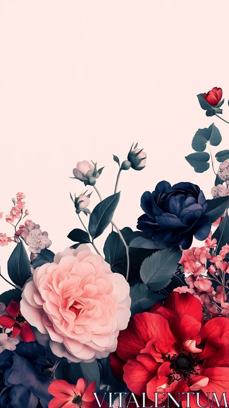 Floral arrangement with pink, red, and navy roses