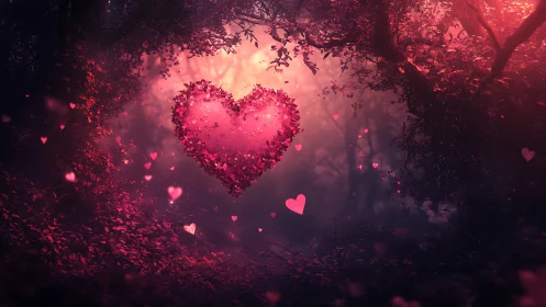 Glowing Heart Suspended in Enchanted Forest Glow