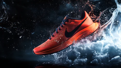 Dynamic orange running shoe suspended amid high-speed water impact