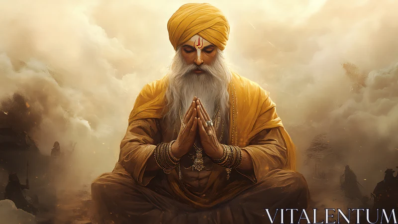 Digital painting of meditative sage in golden atmospheric field.