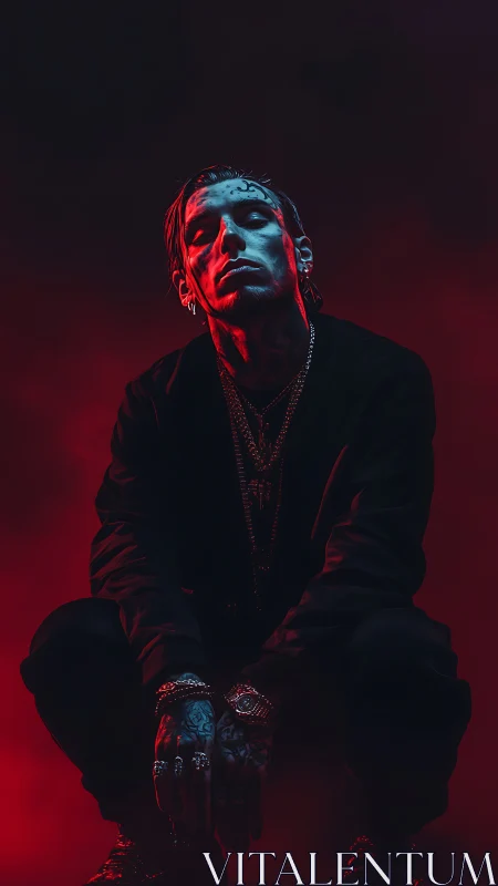 Tattooed man in red blue dramatic studio portrait.