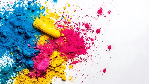 Color powder explosion spreads cyan, magenta, yellow pigment