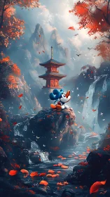 Cartoon mouse in serene Japanese canyon with pagoda.