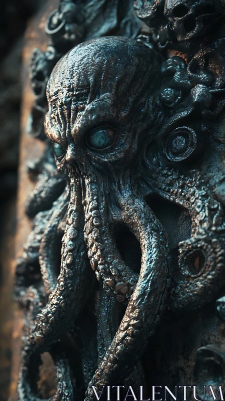 Eldritch cephalopod skull relief in corroded metalwork.