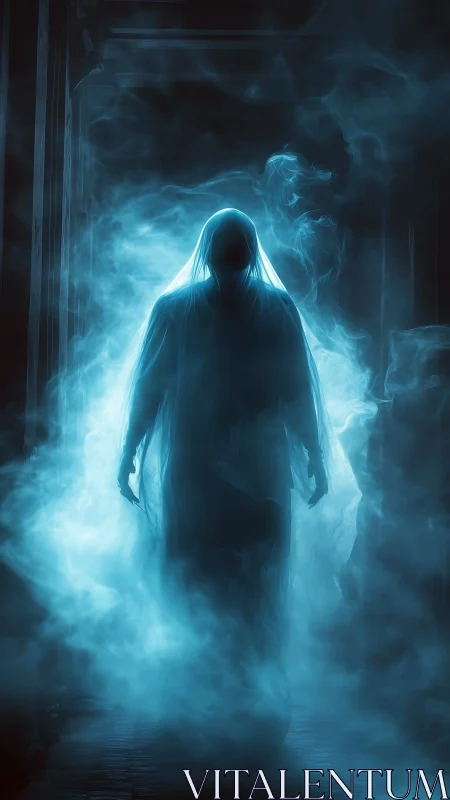 Spectral robed figure emerging through dense cyan fog corridor