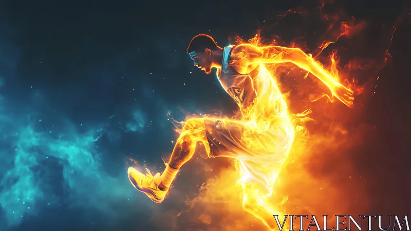 Flaming basketball player leaps through glowing cosmic fire.