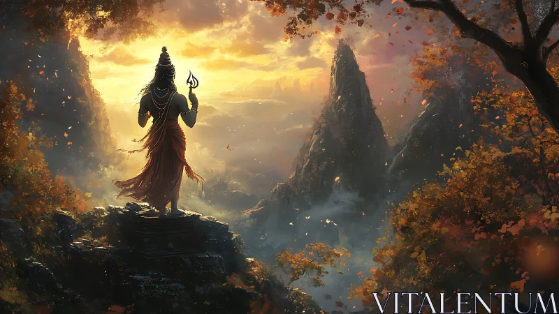Mountain deity overlooks misty valley at burning sunrise